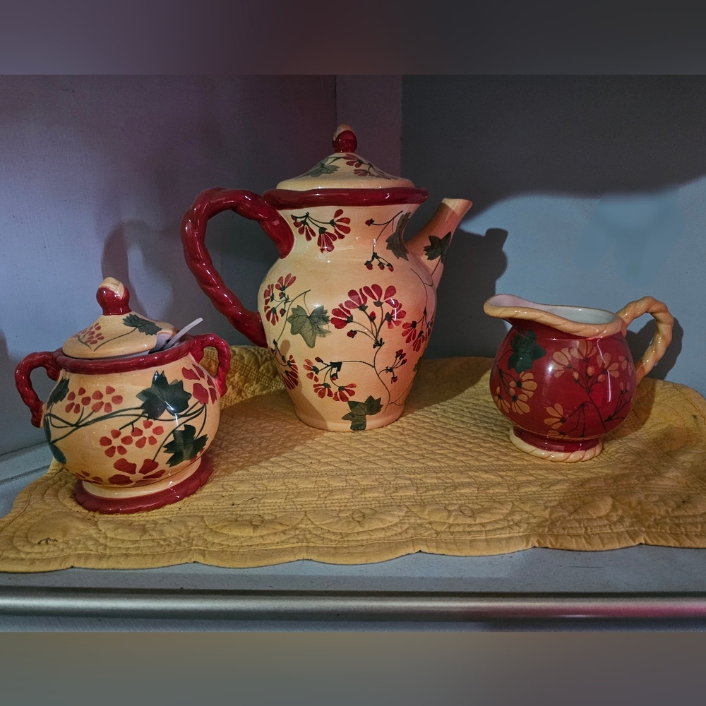 Floral Ceramic Tea Set - Red and Cream